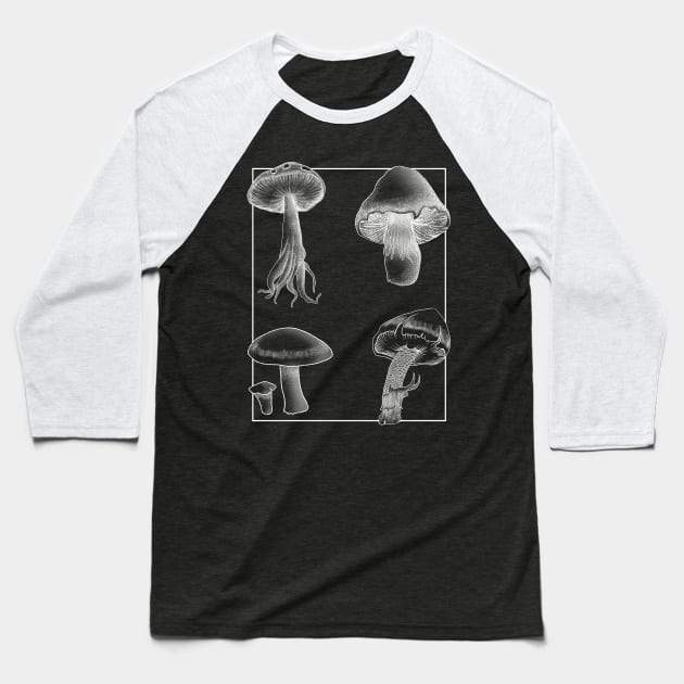 Botanical Mushrooms white lineart Baseball T-Shirt by leepianti